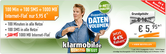 Deal Klarmobil Smartphone Flat 1000 für 5,95 Euro/Monat