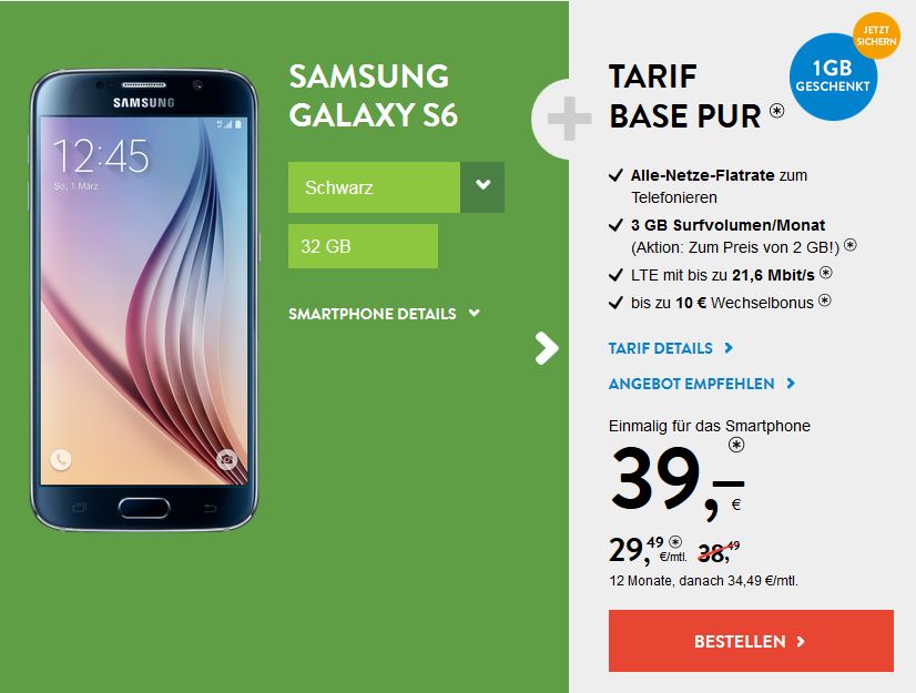 Handy-Tarif-Angebote mit Samsung Galaxy S6: Base Pur Tarif