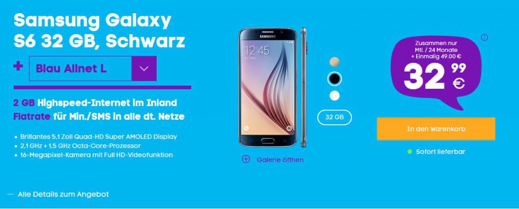 Handy-Tarif-Angebote: Samsung Galaxy S6 mit der Blau Allnet L