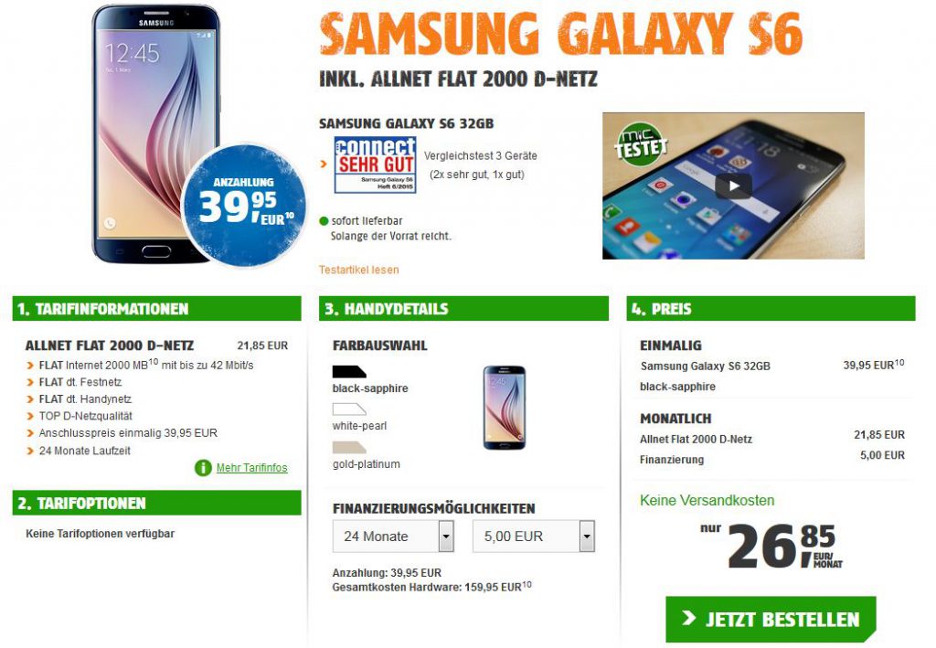 Handy-Tarif-Angebote: Samsung Galaxy S6 mit der Allnet Flat 2000 von Klarmobil