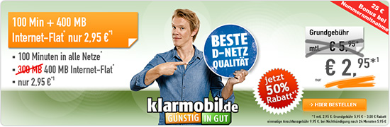 Den billigsten Handytarif online bestellen: Klarmobil Smartphone Flat 400 für 2,95 Euro/Monat