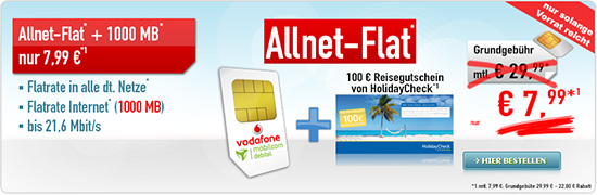 Allnet Flats mit 1 GB - Mobilcom Deal für 7,99 Euro/Monat + 100 Euro HolidayCheck-Gutschein