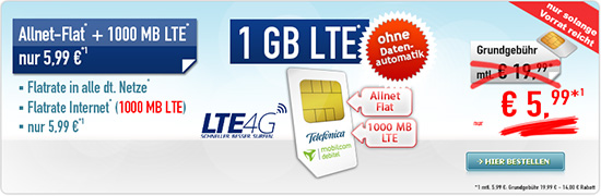 Allnet Flat mit 1 GB für 5,99 Euro/Monat